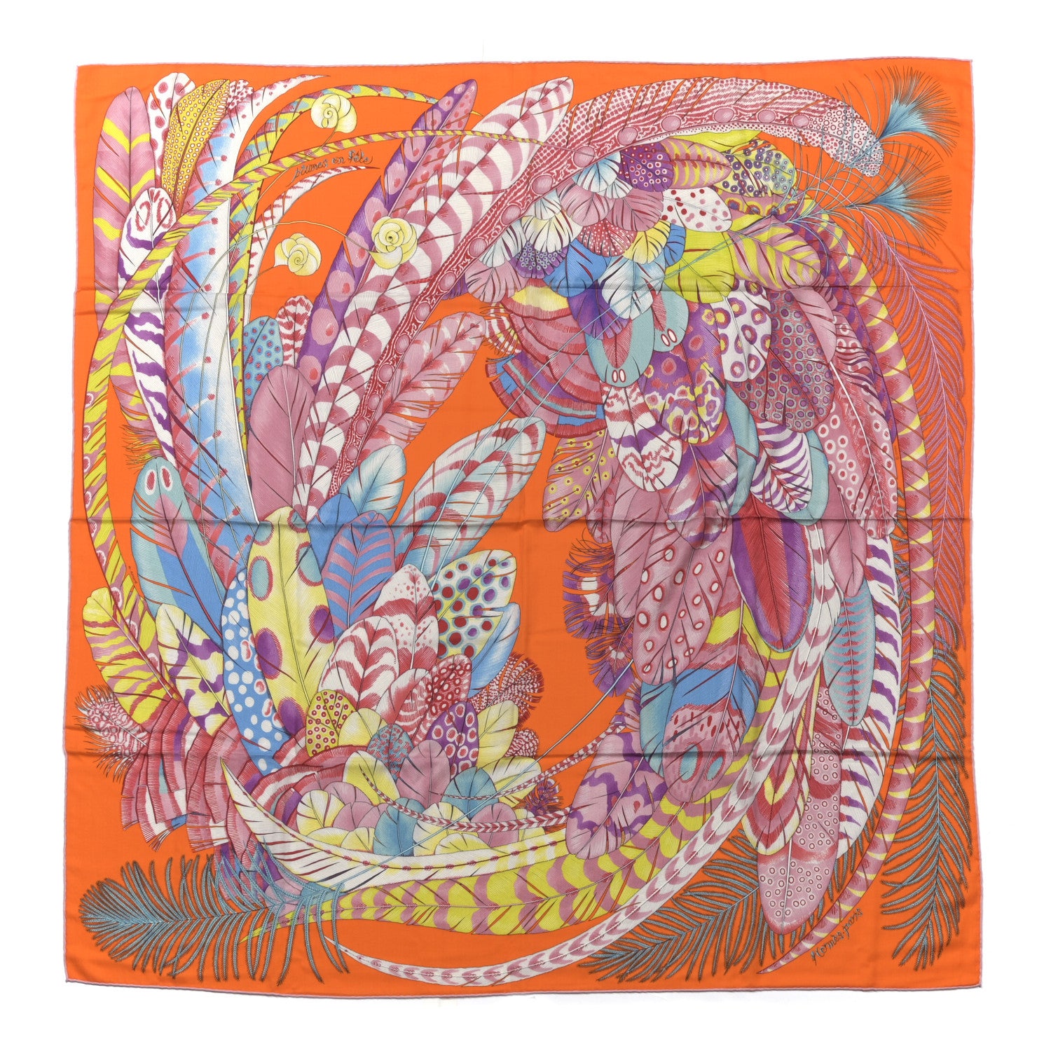 Hermes Cashmere Silk Plumes En Fete Shawl 140 Orange Mauve Multicolor 1 of 7