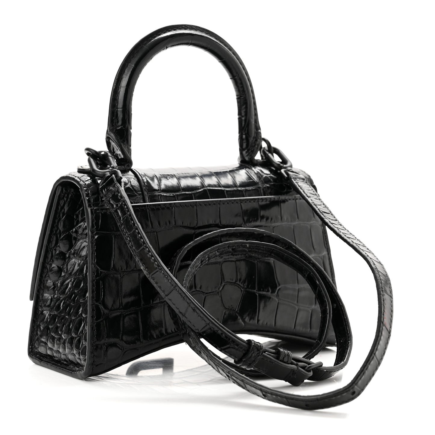 Shiny Calfskin Monochrome Crocodile Embossed Hourglass Top Handle Bag XS Black
