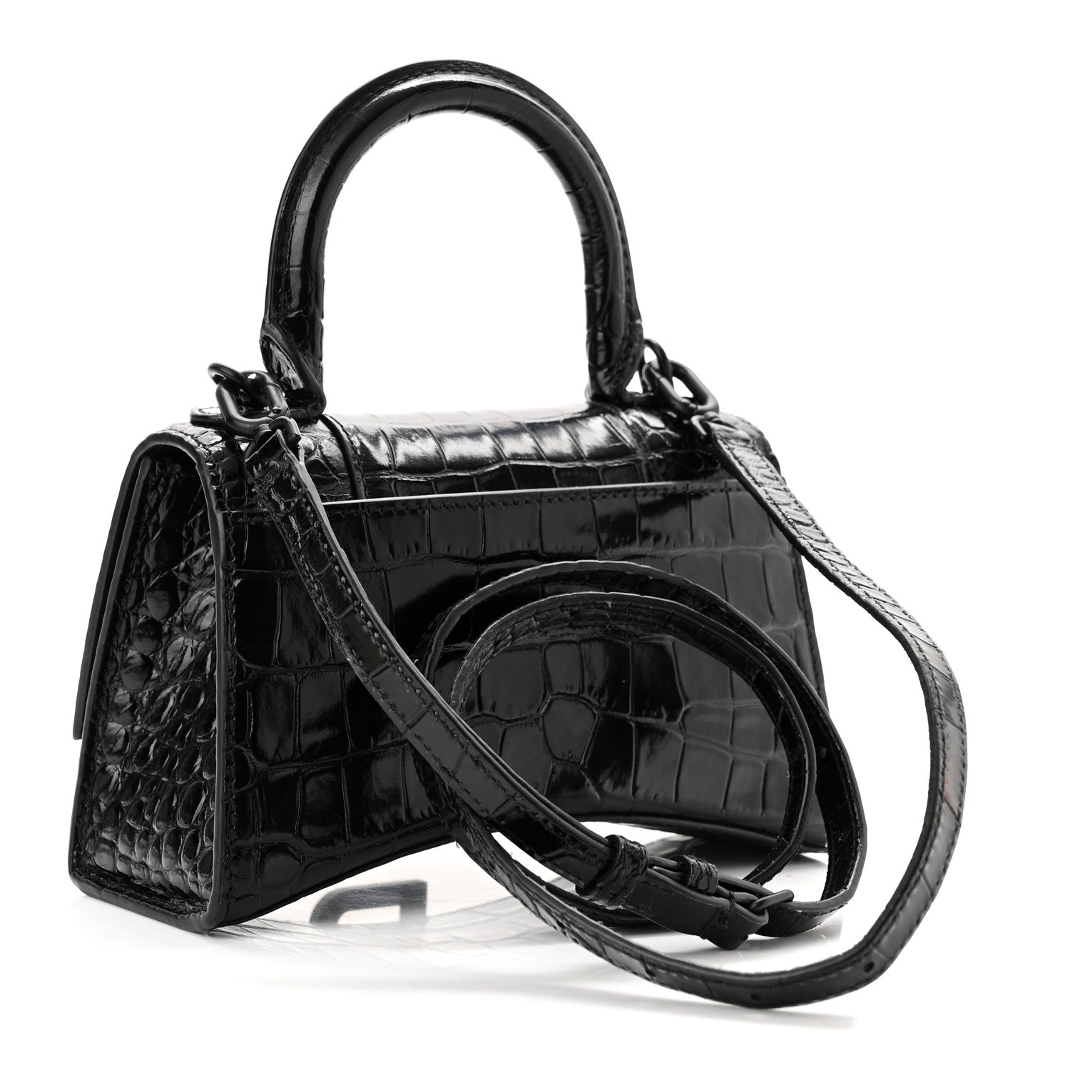 Balenciaga Shiny Calfskin Monochrome Crocodile Embossed Hourglass Top Handle Bag XS Black 3 of 11