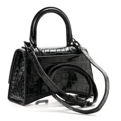 Balenciaga Shiny Calfskin Monochrome Crocodile Embossed Hourglass Top Handle Bag XS Black 3 of 11