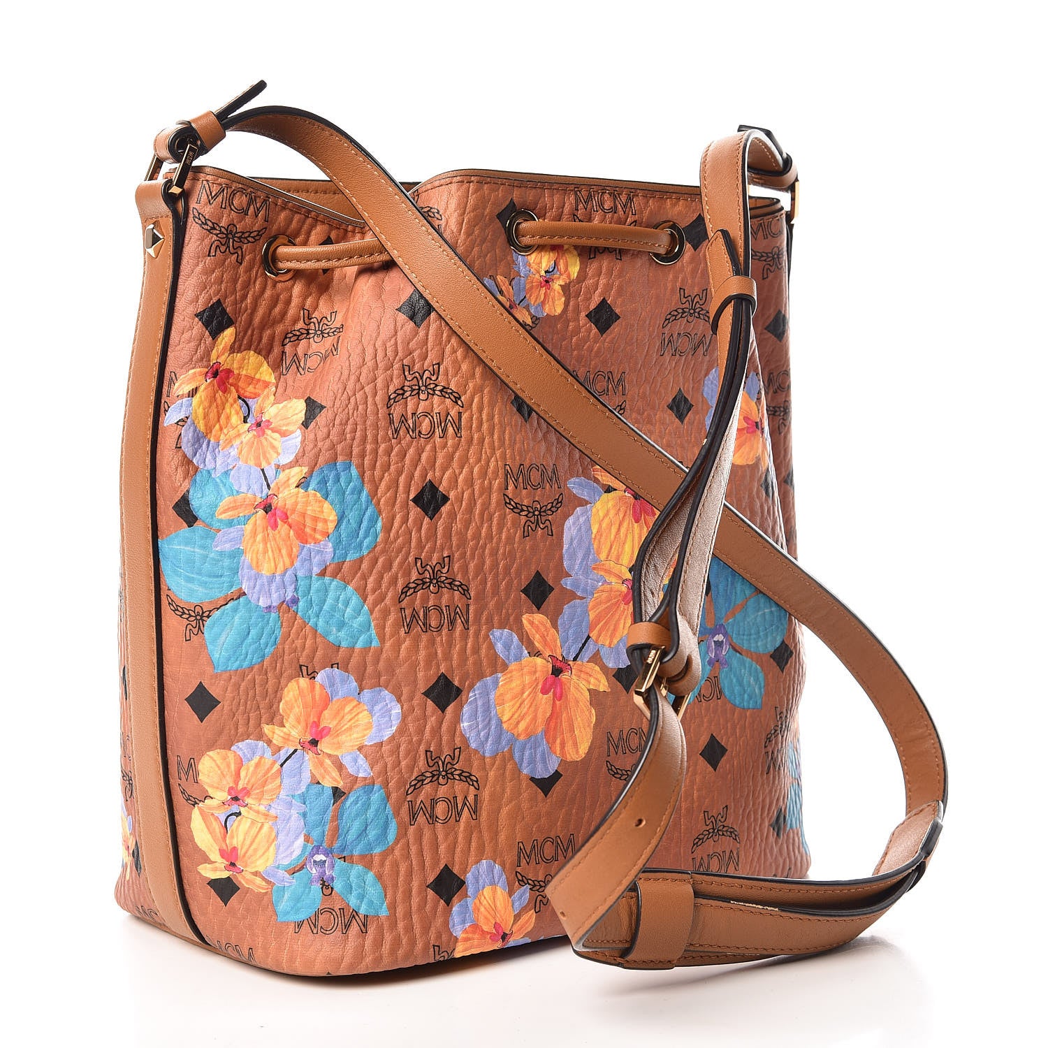 MCM Visetos Floral Print Small Drawstring Bucket Bag Cognac 4 of 10