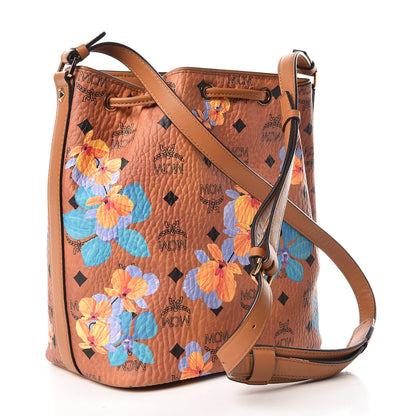 MCM Visetos Floral Print Small Drawstring Bucket Bag Cognac 4 of 10