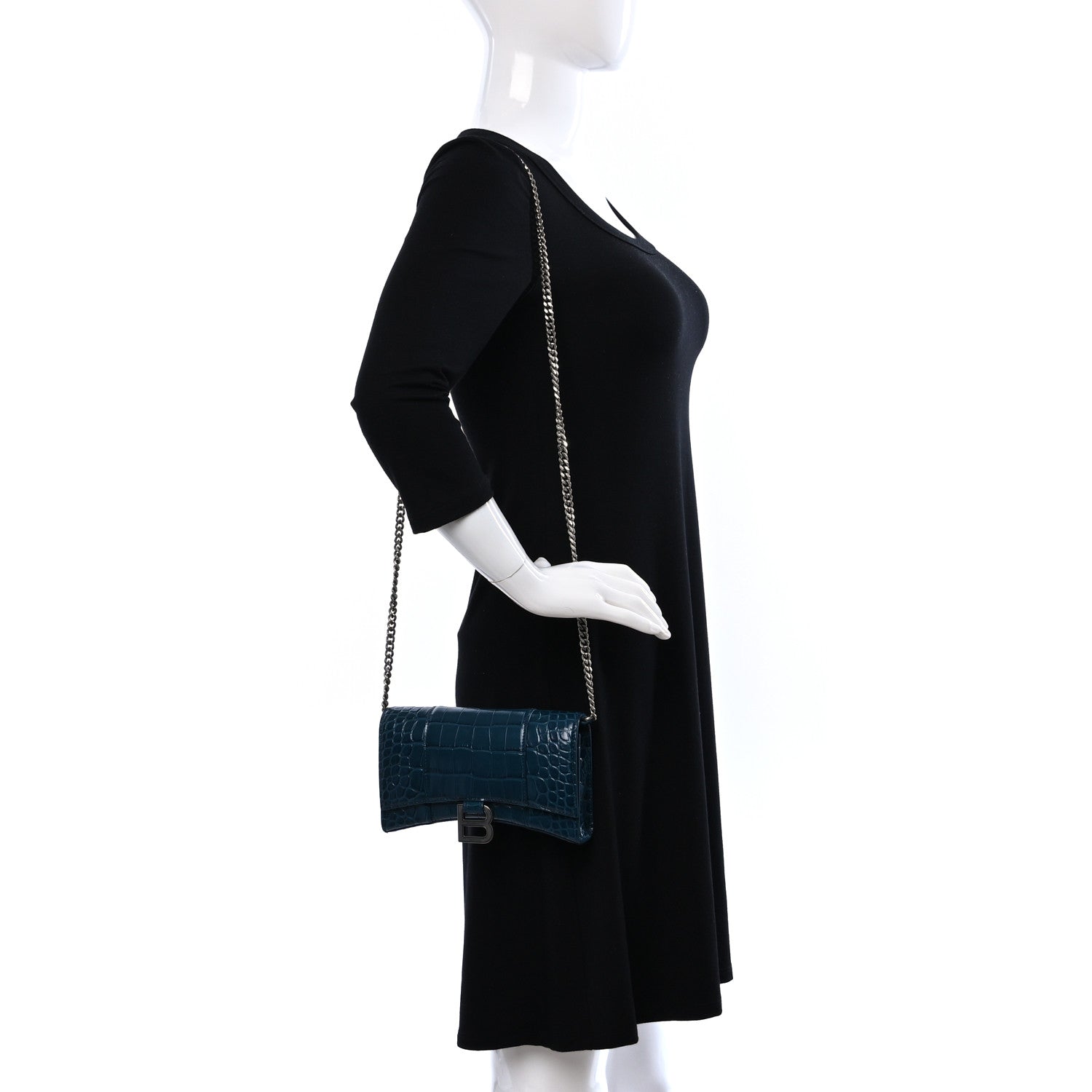Balenciaga Shiny Calfskin Crocodile Embossed Hourglass Chain Bag Dark Petrol Blue 2 of 8