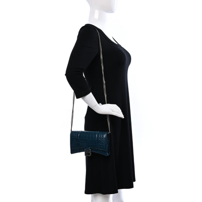 Balenciaga Shiny Calfskin Crocodile Embossed Hourglass Chain Bag Dark Petrol Blue 2 of 8