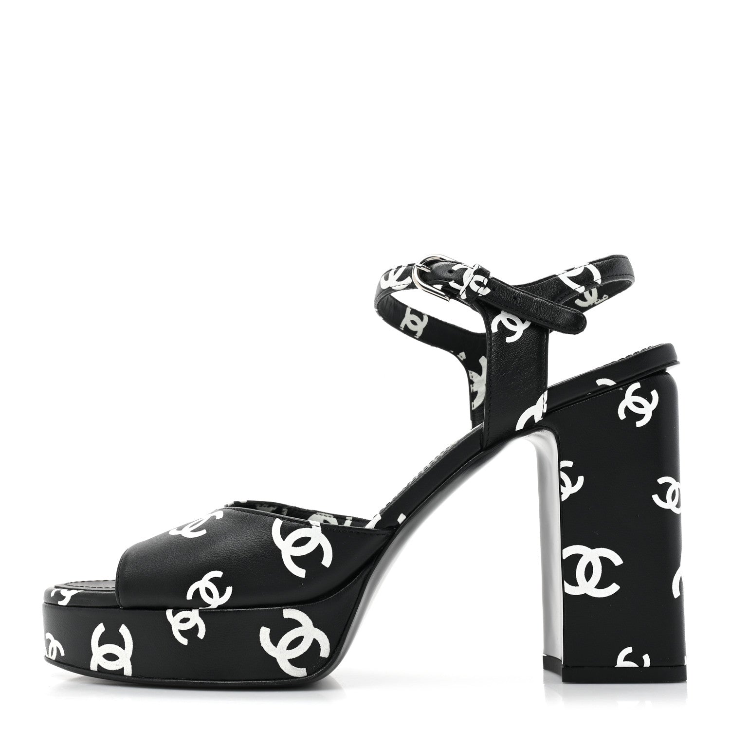 Chanel Printed Lambskin CC Platform Sandals 39.5 Black White 1 of 9
