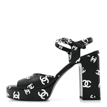Chanel Printed Lambskin CC Platform Sandals 39.5 Black White 1 of 9