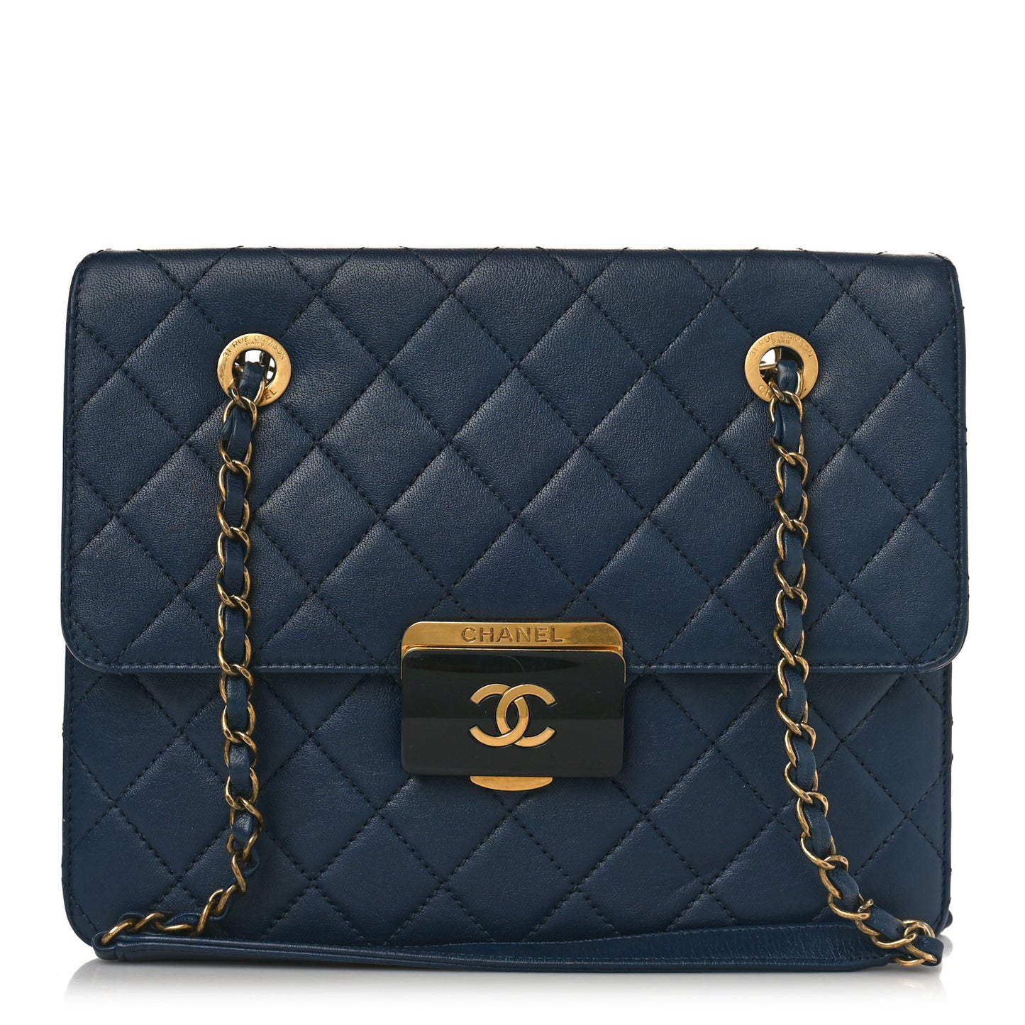Sheepskin Quilted Small Beauty Lock Shopping Tote Navy Blue