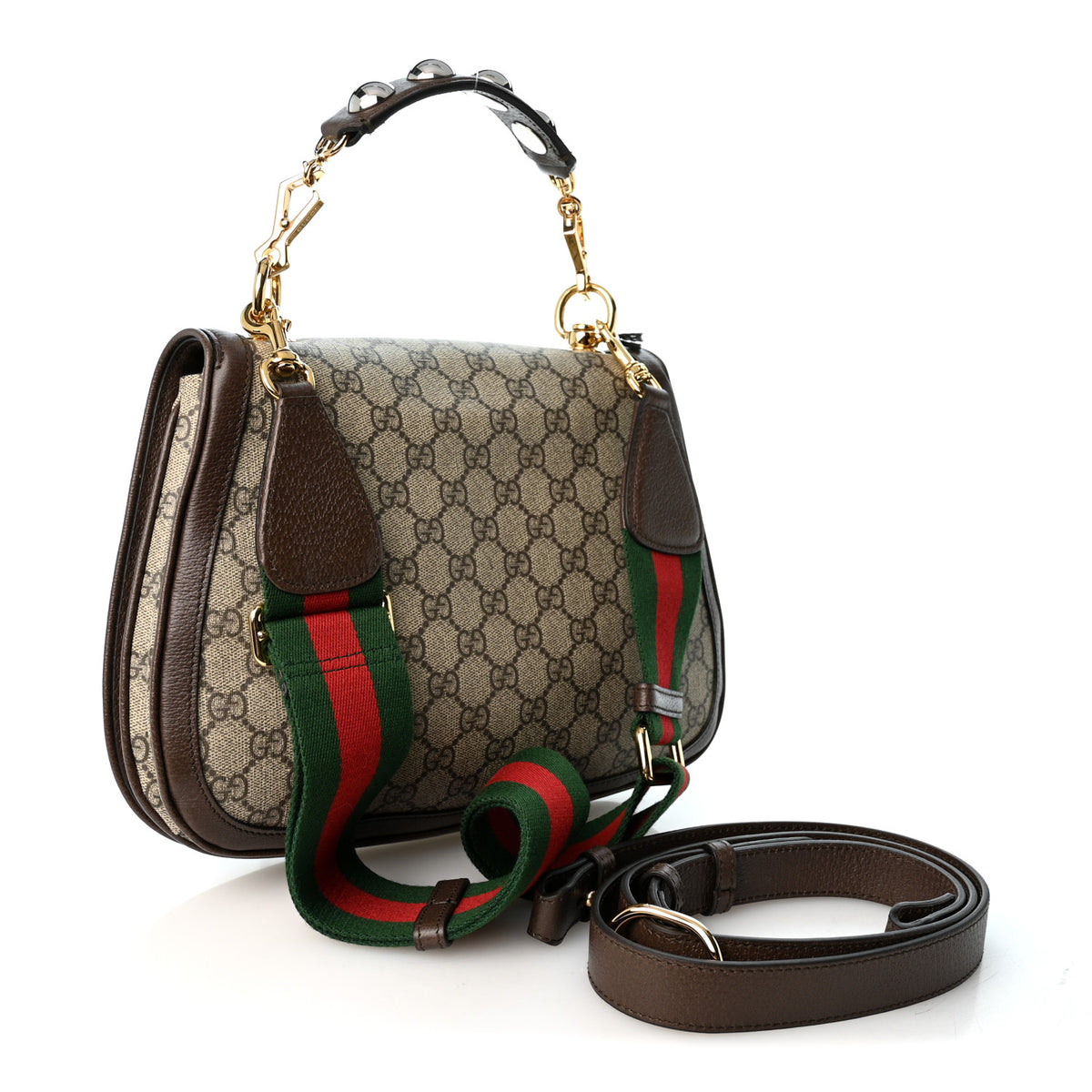 GG Supreme Monogram Textured Dollar Calfskin Web Medium Blondie Top Handle Shoulder Flap Bag Beige Ebony New Acero