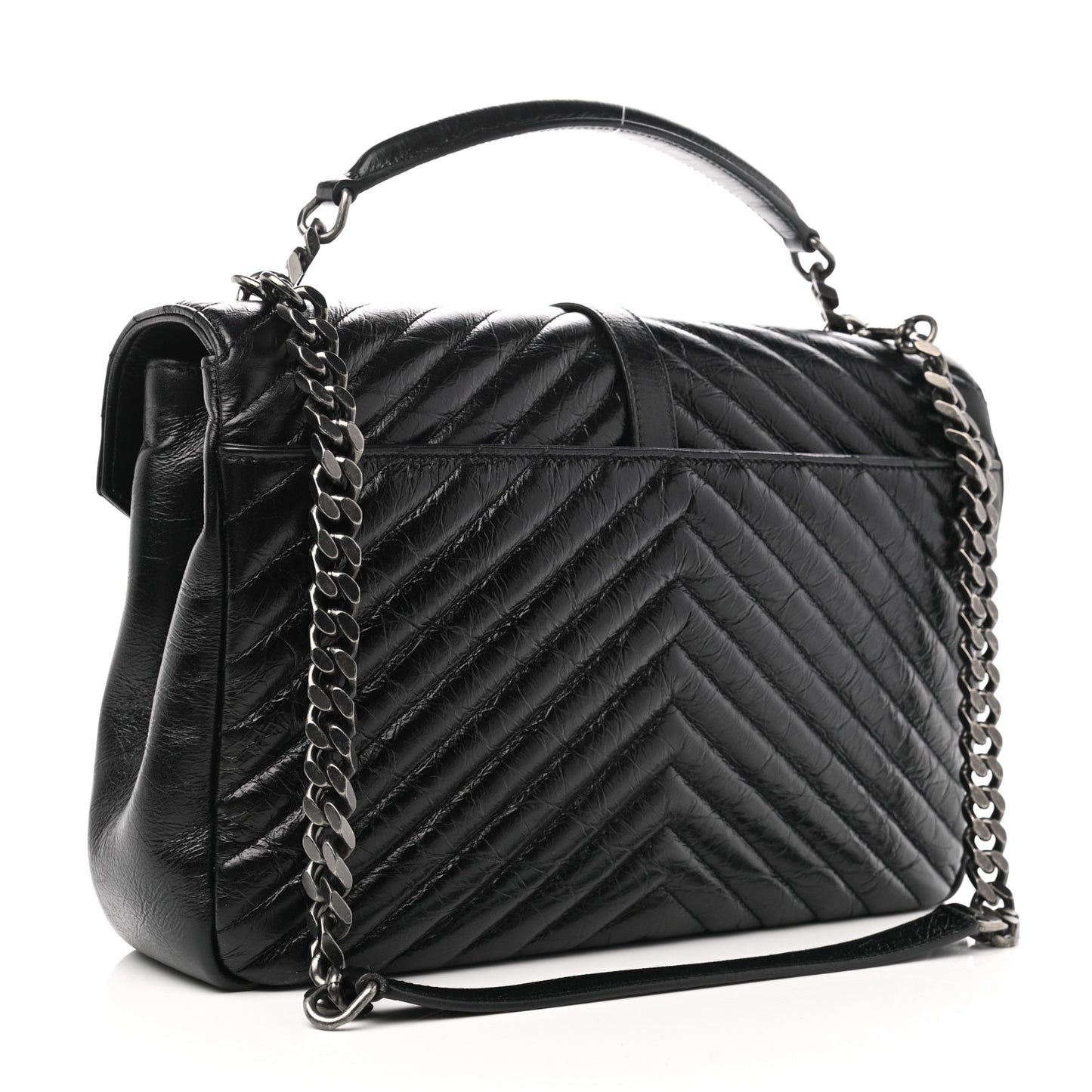 Cracked Shiny Calfskin Matelasse Chevron Monogram Large College Satchel Black