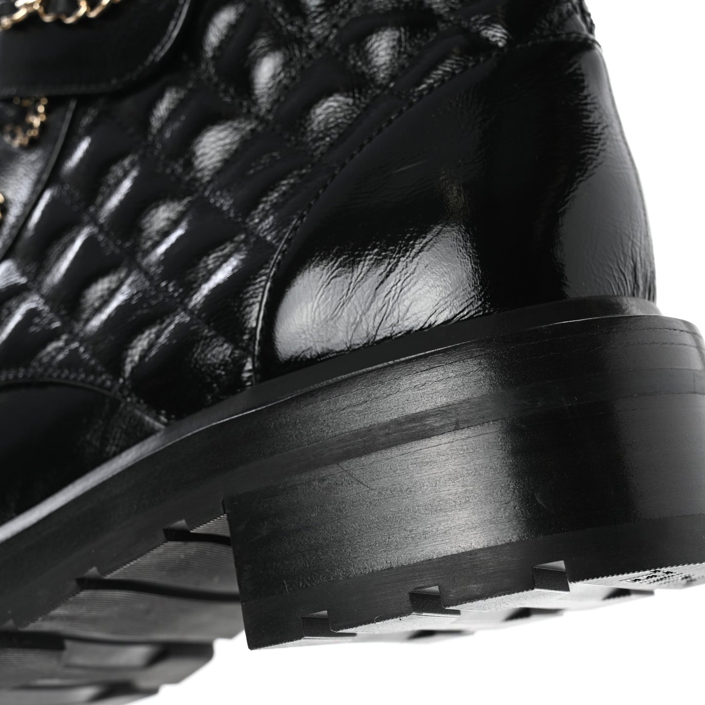 Shiny Calfskin Quilted Lace Up Combat Boots 39 Black