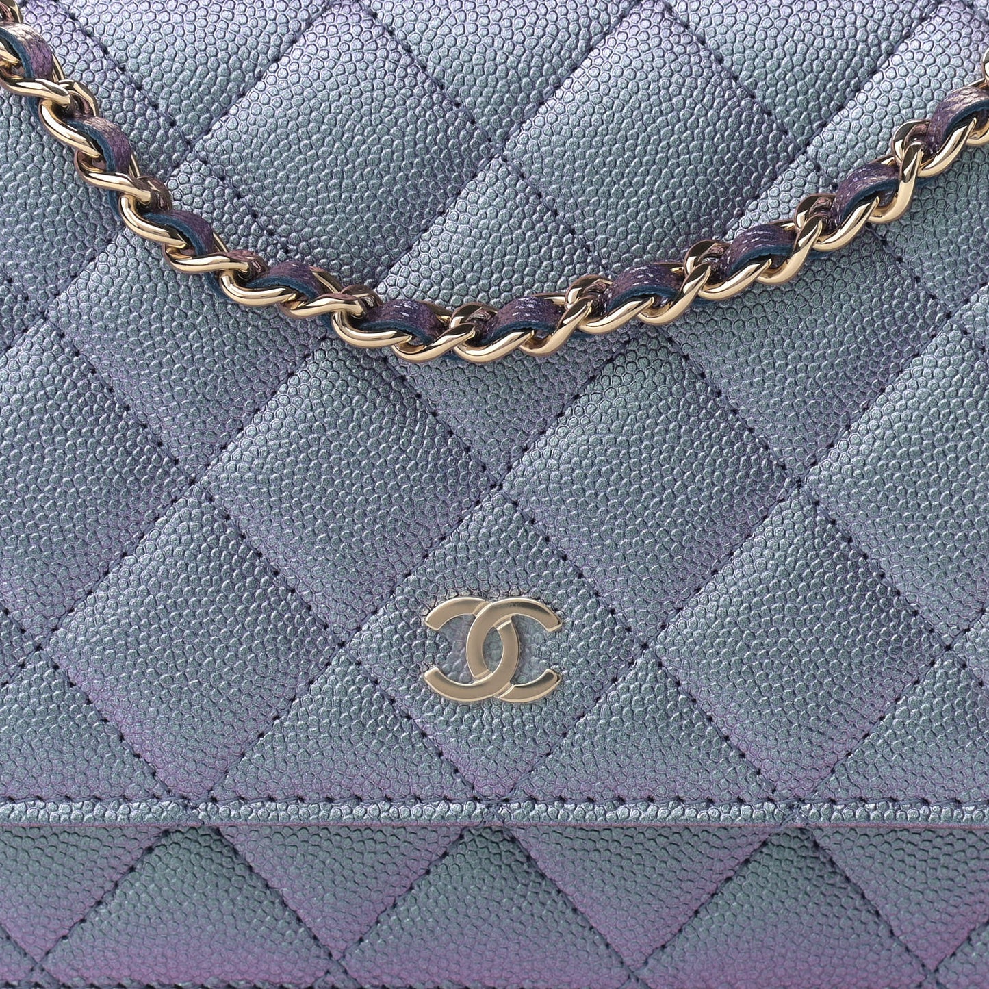 Iridescent Caviar Quilted Wallet On Chain WOC Dark Blue