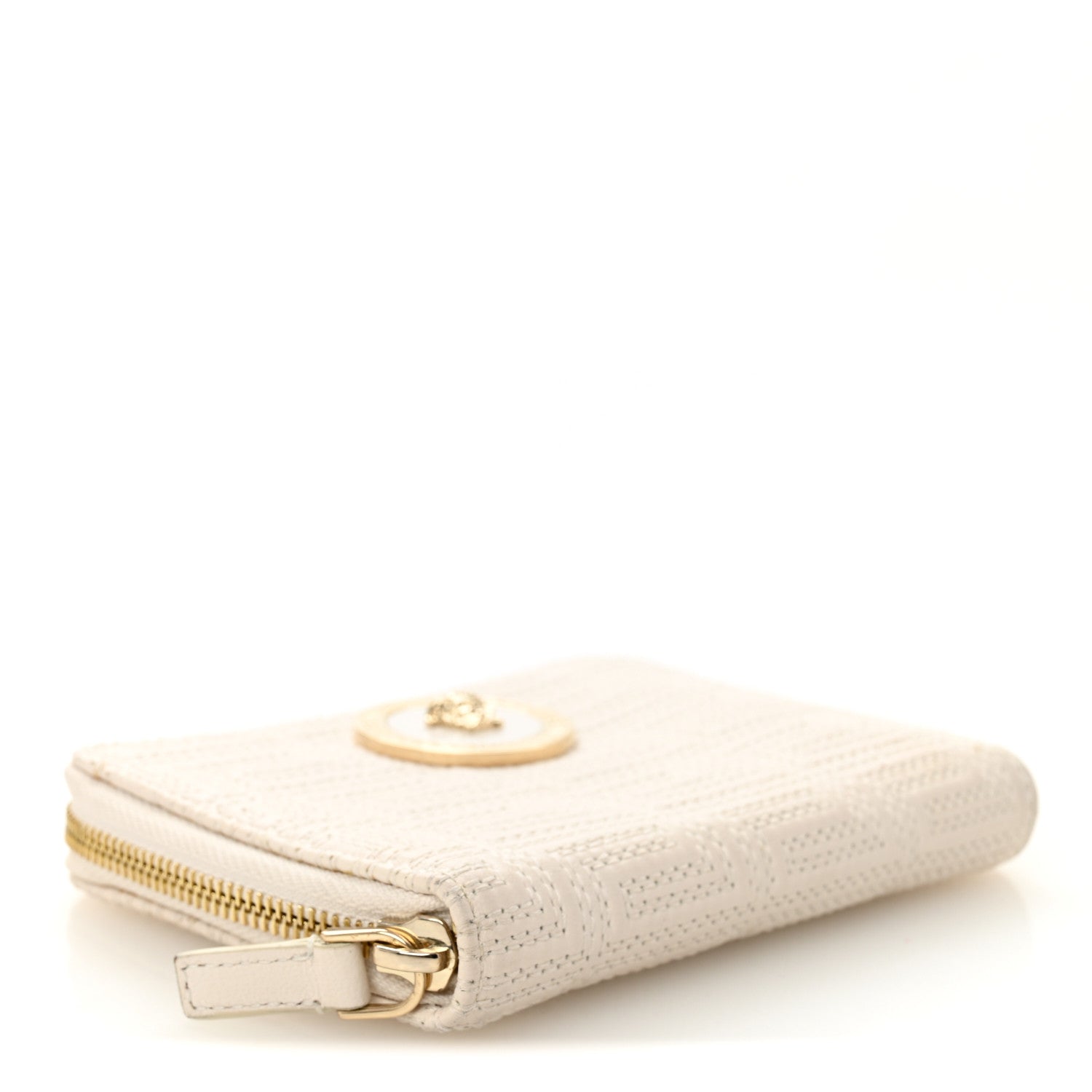 Versace Calfskin Icon Quilted Compact Zip Around Wallet White