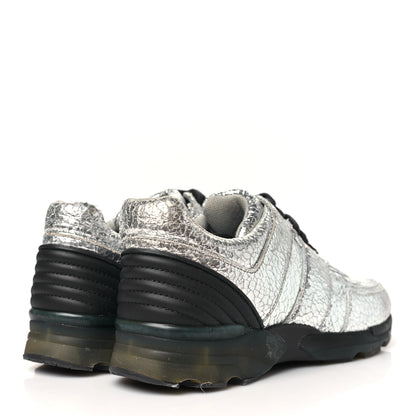 Chanel Metallic Crackled Calfskin CC Sneakers 39.5 Silver Black Navy 5 of 9