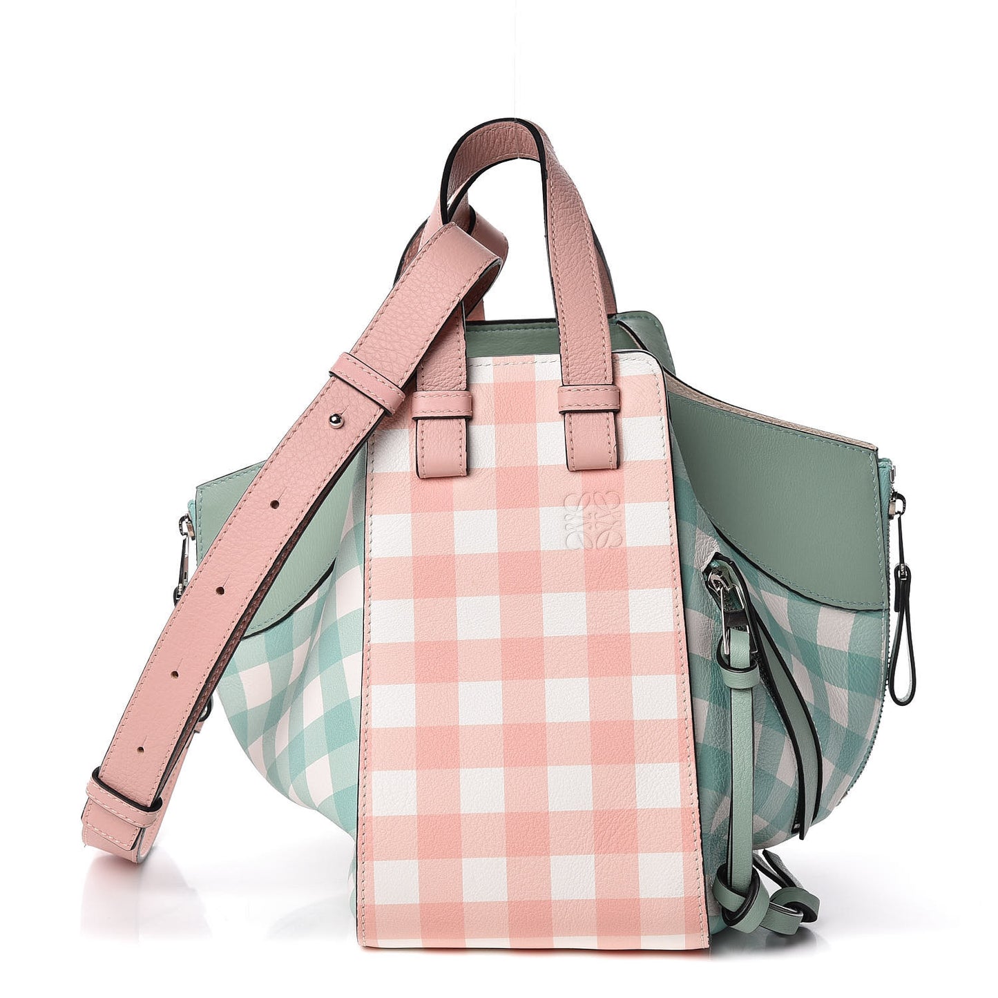 Calfskin Gingham Small Hammock Shoulder Bag Pink Green