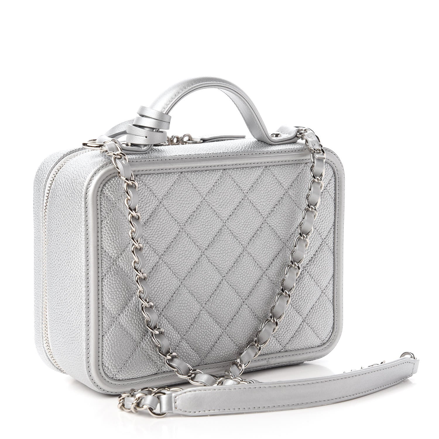 Chanel Metallic Caviar Quilted Medium CC Filigree Vanity Case Silver 3 of 11