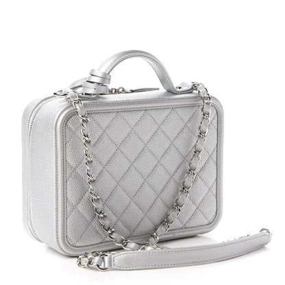 Chanel Metallic Caviar Quilted Medium CC Filigree Vanity Case Silver 3 of 11