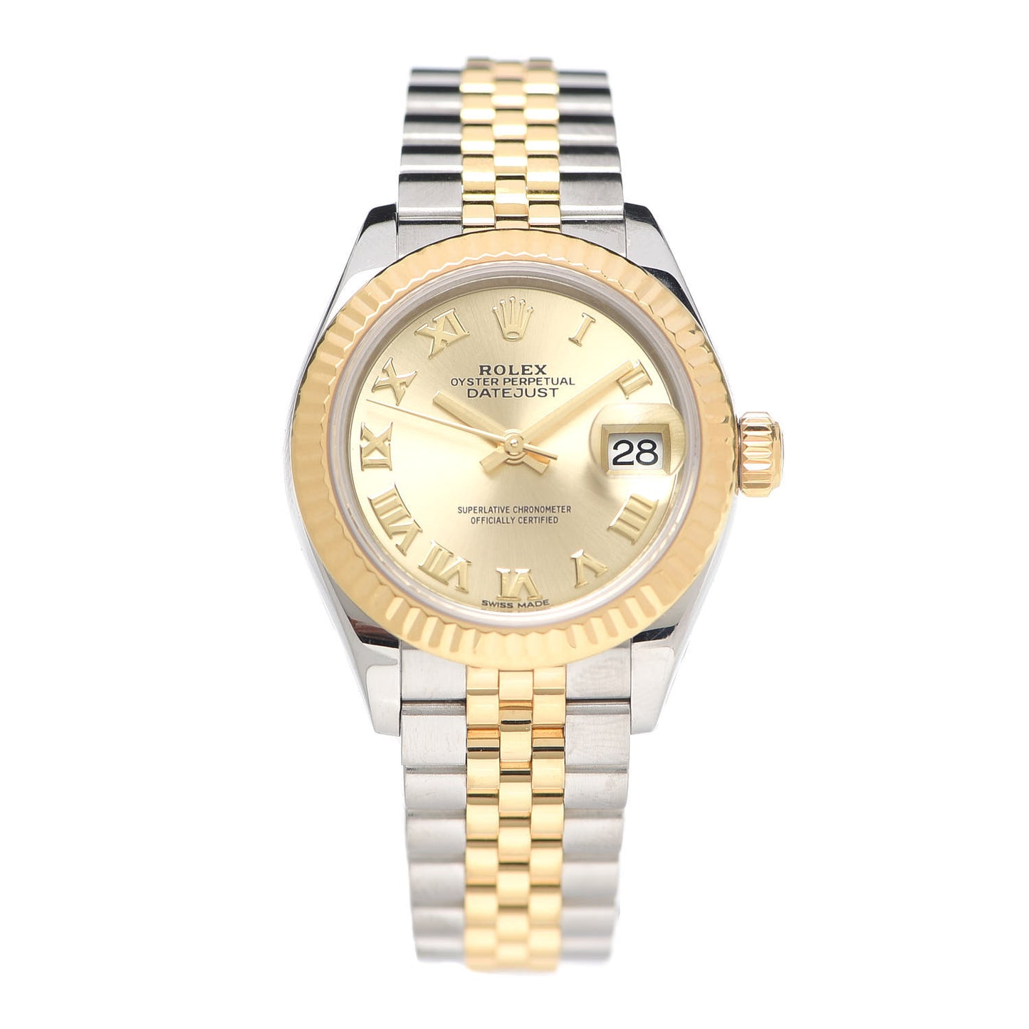Stainless Steel 18K Yellow Gold 28mm Oyster Perpetual Datejust Watch Champagne Roman 279173