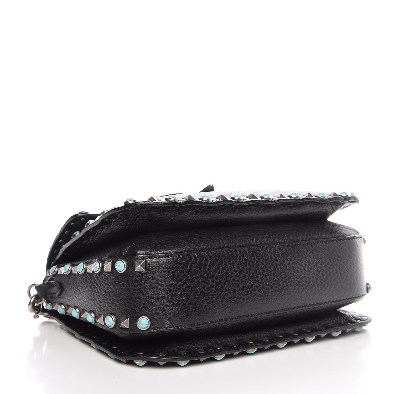 Valentino Garavani Pebbled Calfskin Turquoise Medium Guitar Strap Rockstud Rolling Flap Saddle Bag Black 4 of 8