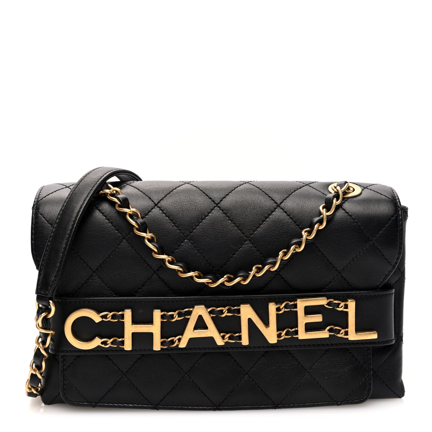 Calfskin Quilted Enchained Flap Black