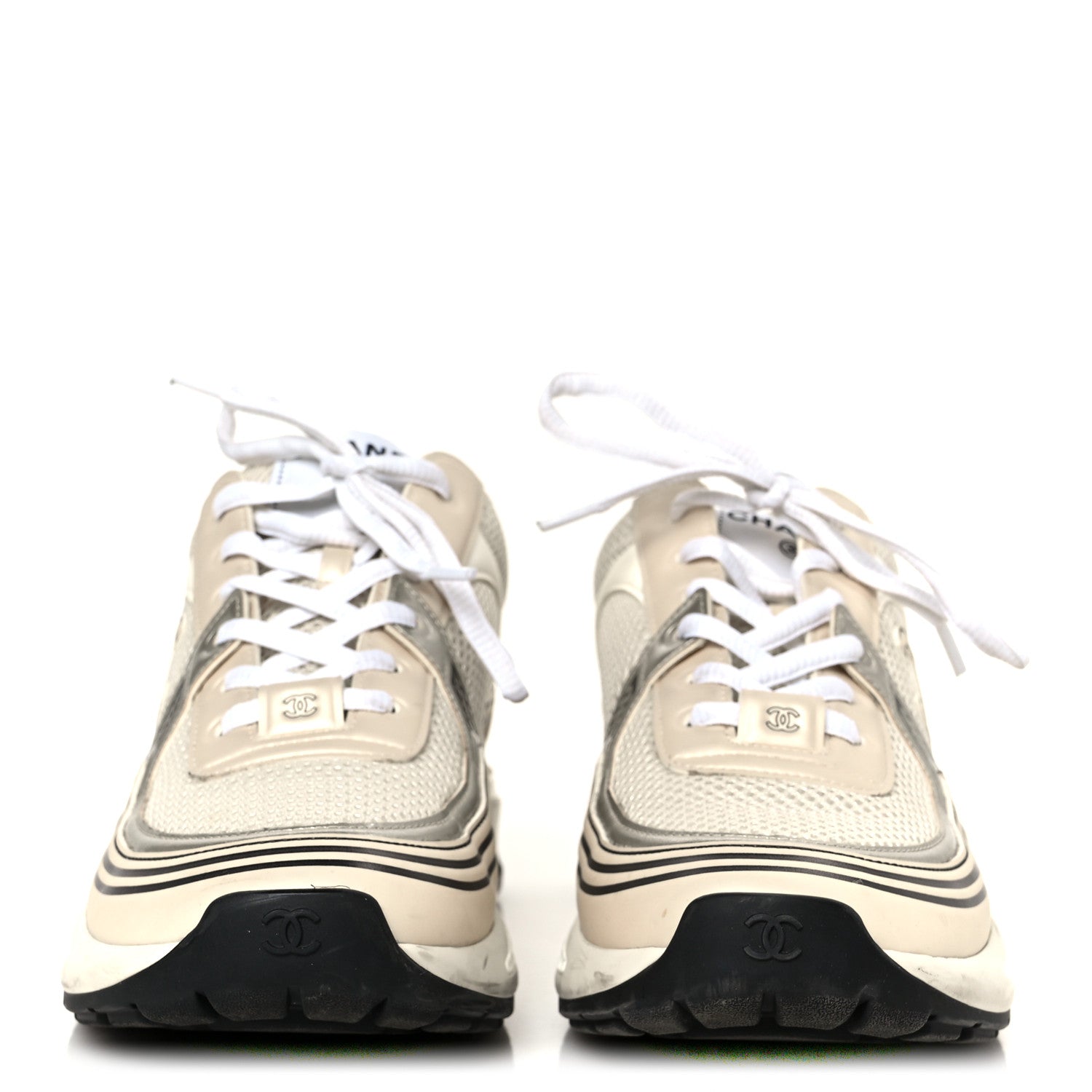 Chanel Fabric Laminated Calfskin Stretch CC Sneakers 40 Ivory Gold Silver 3 of 10