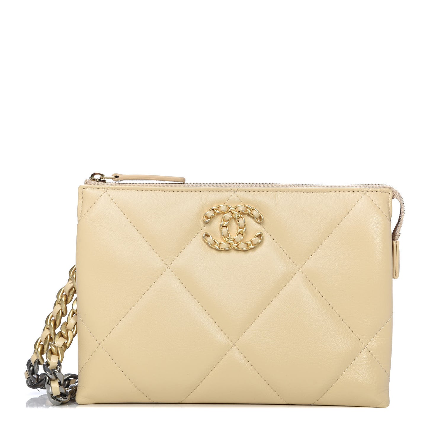 Shiny Goatskin Quilted 19 Small Pouch With Handle Beige