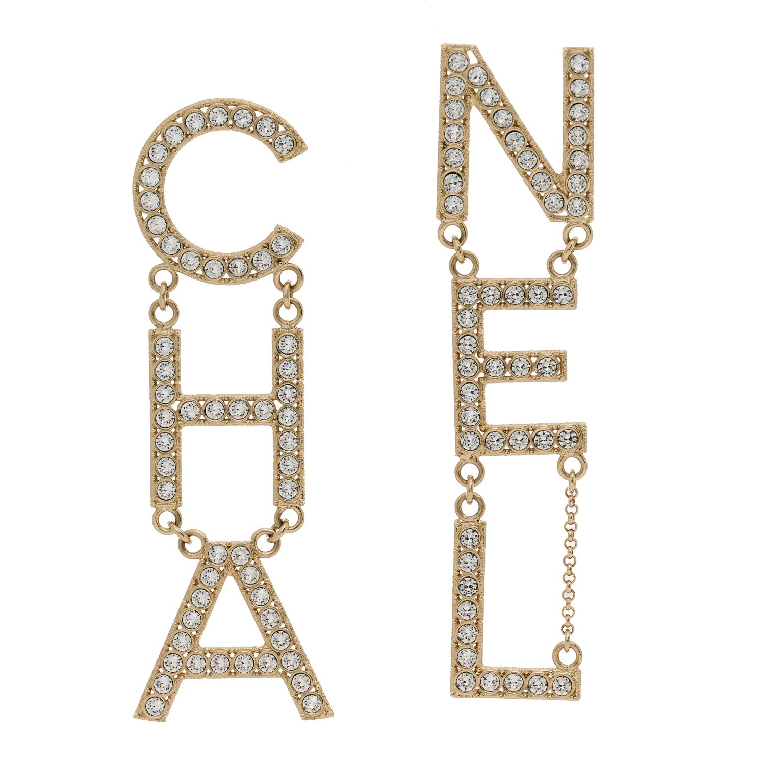 Chanel Crystal Cha-Nel Logo Drop Earrings Gold 1 of 4