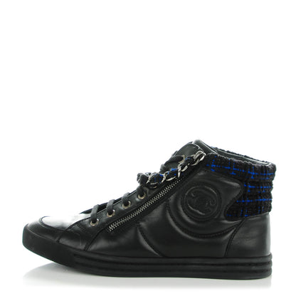 Chanel Lambskin Tweed Zipped Sneakers 38 Black Blue 1 of 9