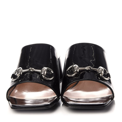 Gucci Patent Lexi Horsebit Mid-Heel Slide Sandals 37.5 Black 2 of 7