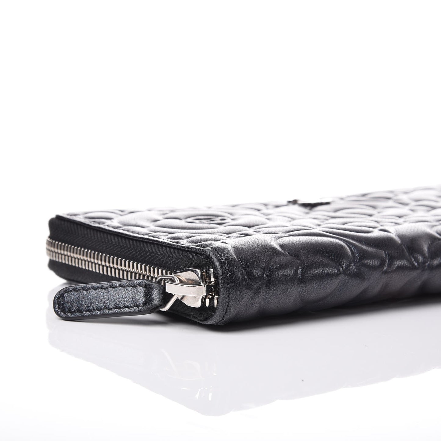 Lambskin Camellia Embossed Large Zip Around Gusset Wallet Black