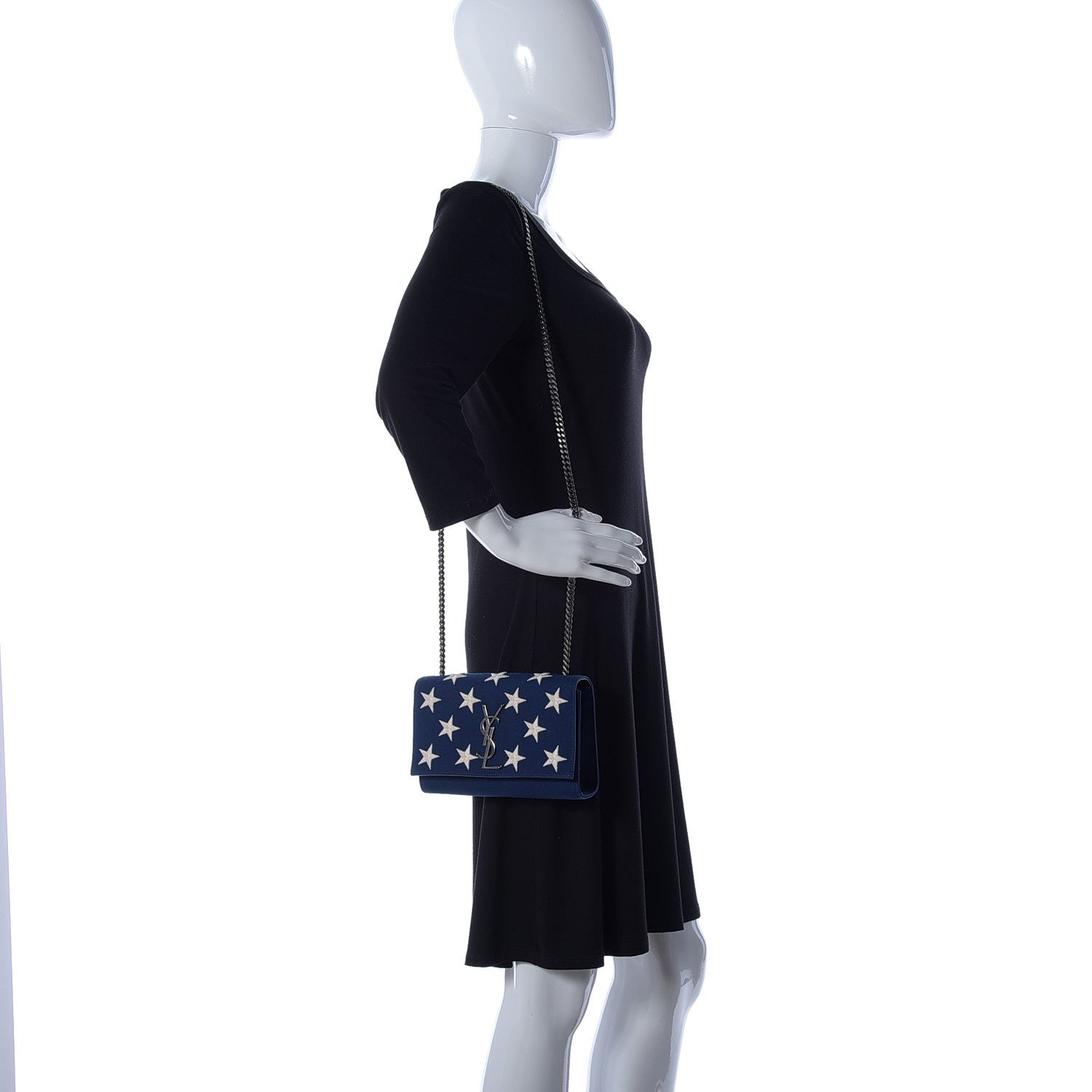 Saint Laurent Canvas Embroidered Stars Small Monogram Kate Satchel Blue Bianco 2 of 9