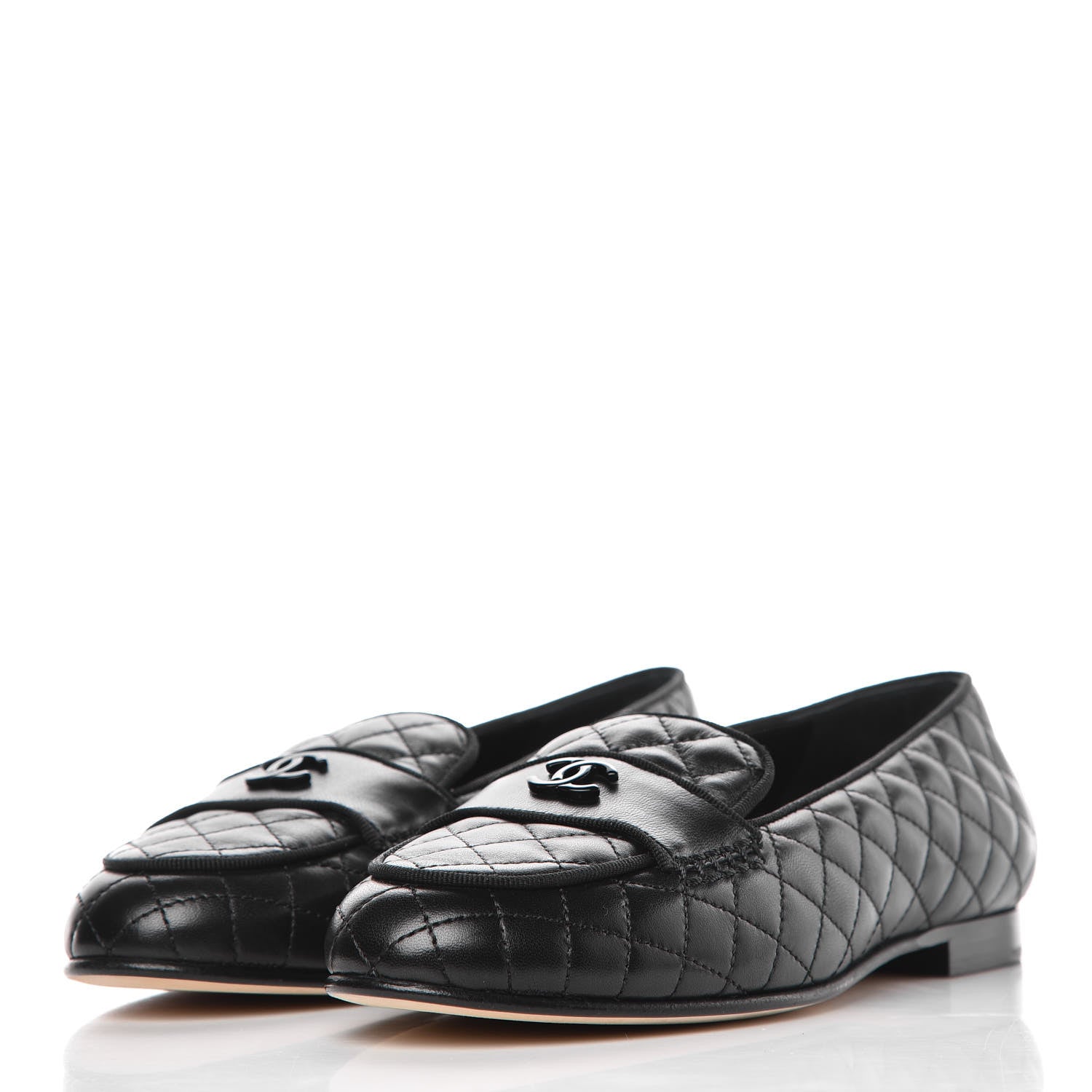 Chanel Lambskin Quilted Womens CC Loafers 38.5 Black 3 of 10