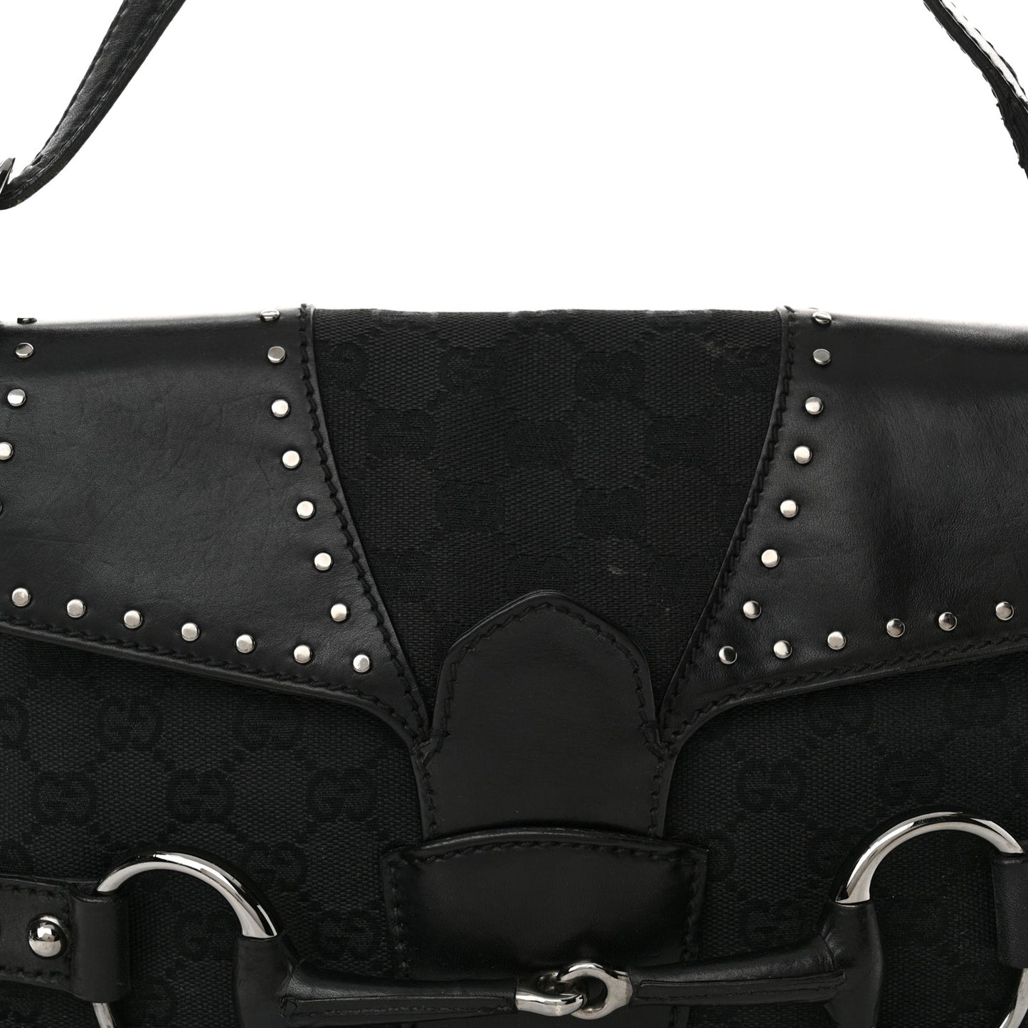 Monogram Horsebit Chain Studded Flap Shoulder Bag Black