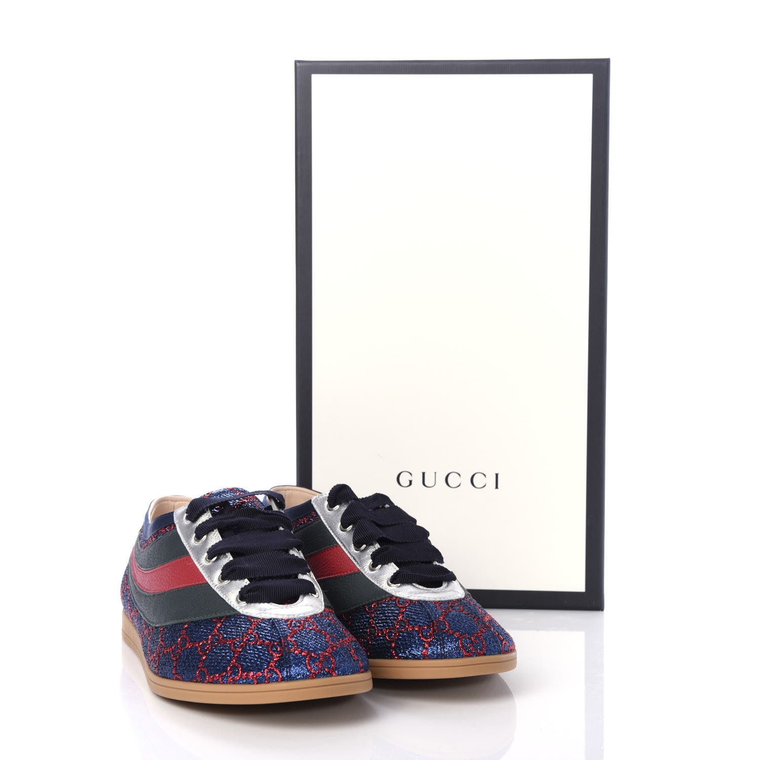 Gucci Lurex Calfskin Web GG Monogram Mens Falacer Sneakers 8.5 Iridescent Blue Iridescent Red Silver 11 of 11