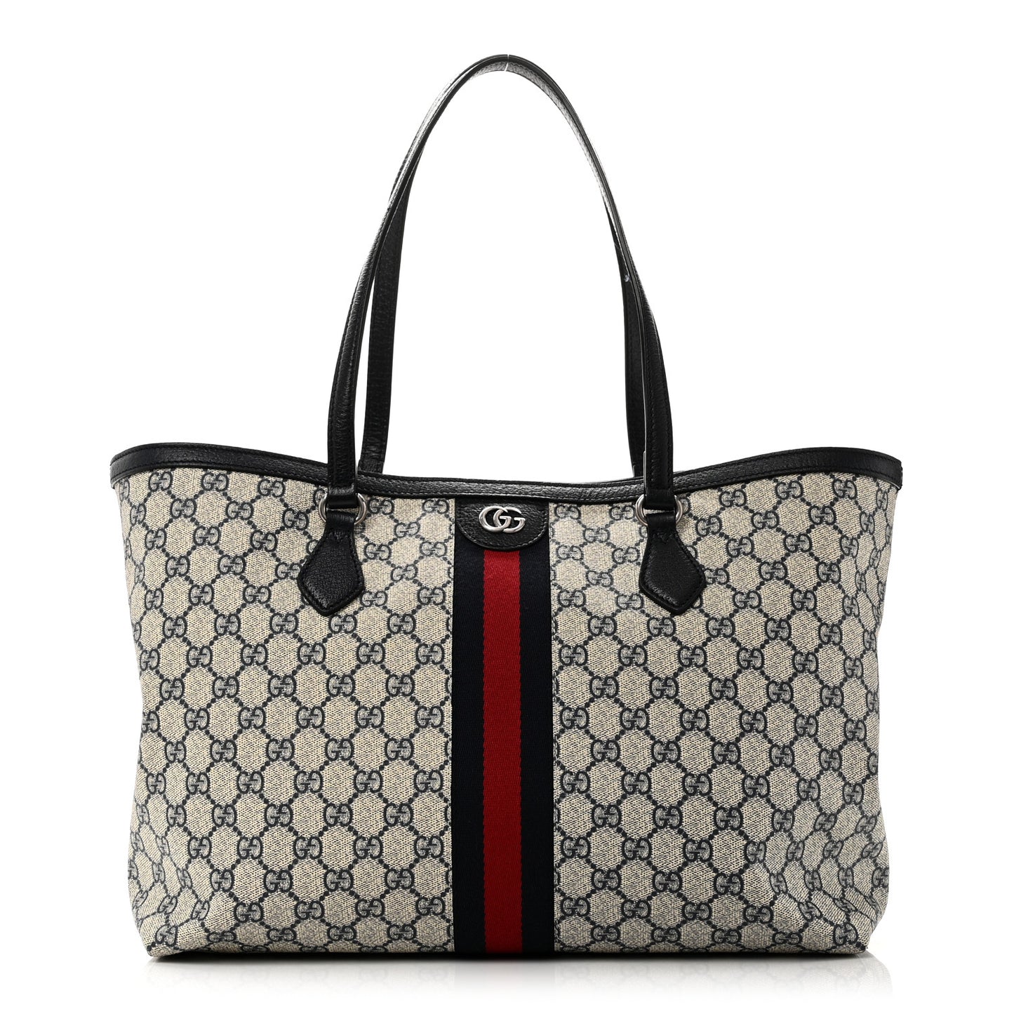 GG Supreme Monogram Textured Calfskin Web Medium Ophidia Shopping Tote Beige Blue