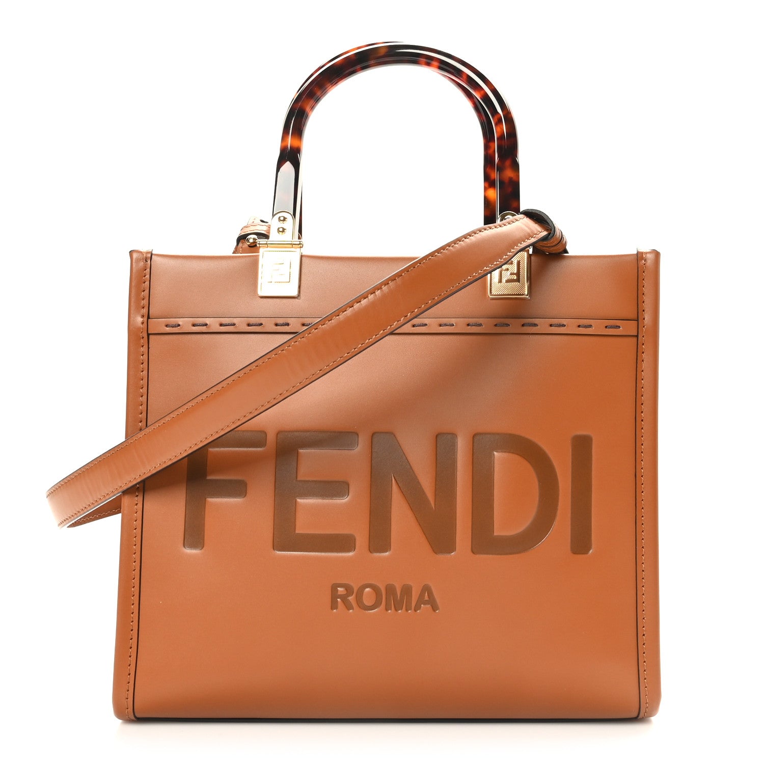 Fendi Vitello King Plexiglass Logo Embossed Small Fendi Sunshine Shopper Tote Cuoio 1 of 9
