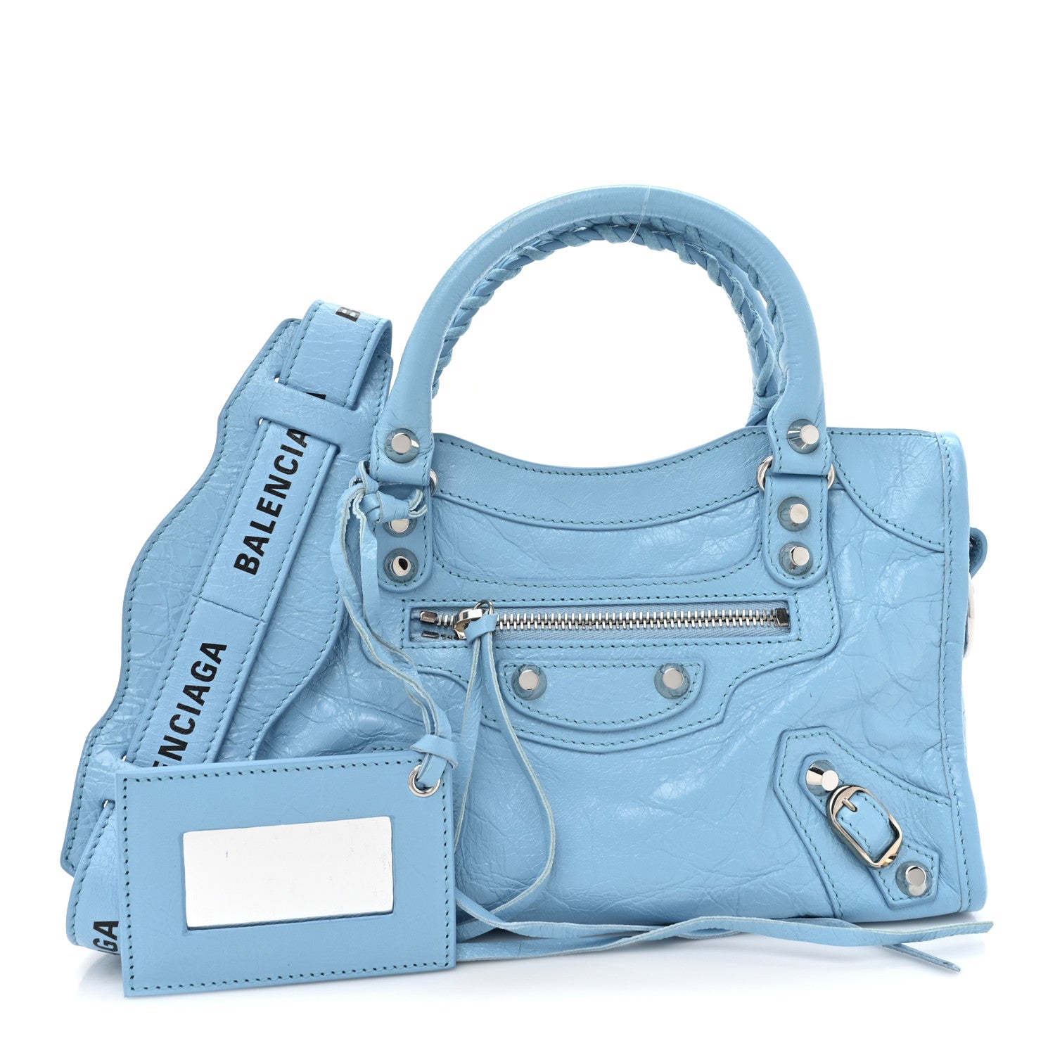 Balenciaga Agneau Classic Silver Hardware Mini City Logo Strap Baby Blue Black 1 of 14