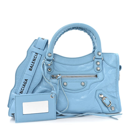 Balenciaga Agneau Classic Silver Hardware Mini City Logo Strap Baby Blue Black 1 of 14