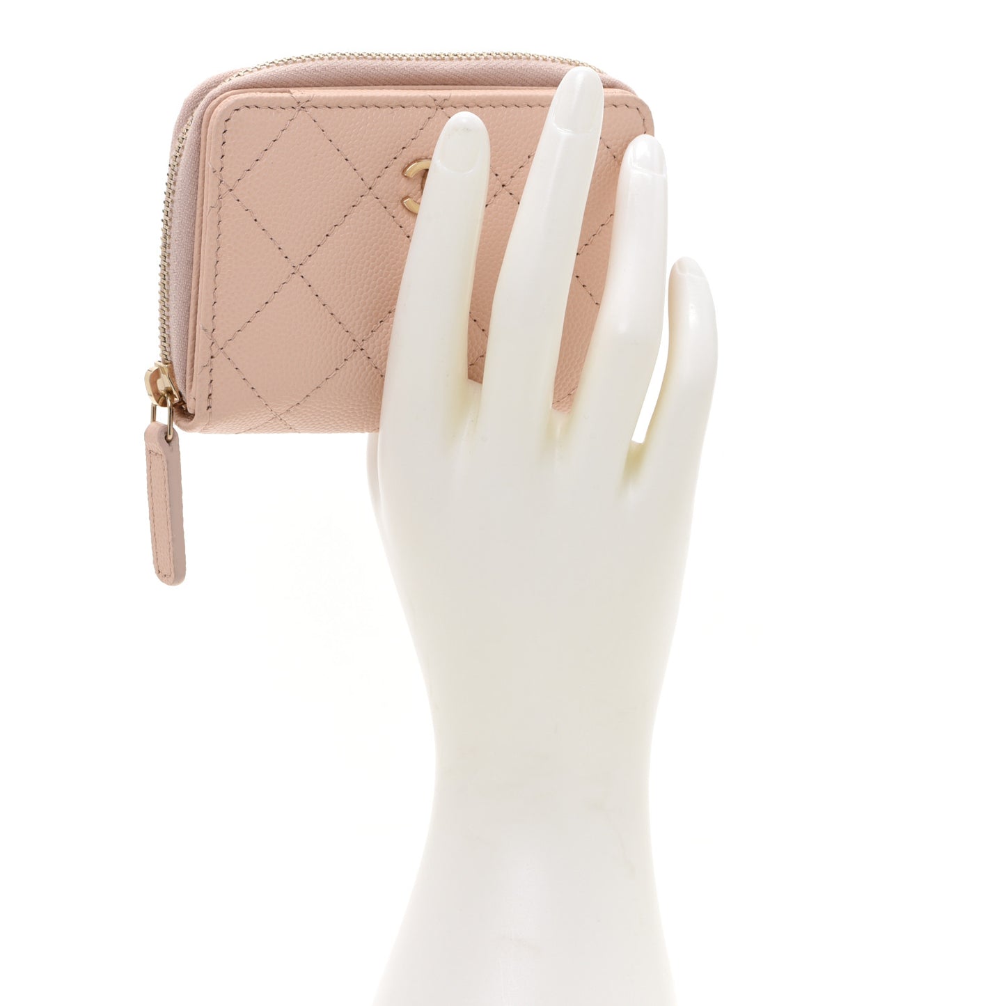 Caviar Quilted Compact Zipped Wallet Beige