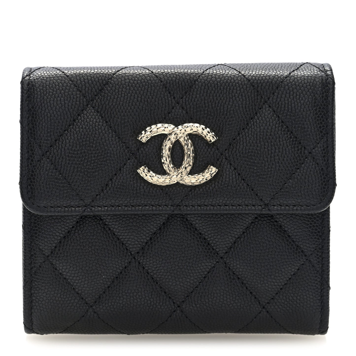 Caviar Quilted Chain Embossed Compact Flap Wallet Black