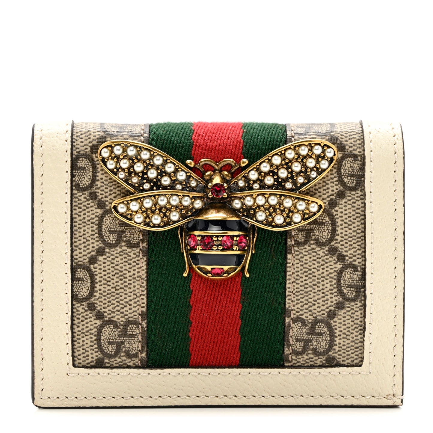 GG Supreme Monogram Web Queen Margaret Card Case Wallet Beige Mystic White