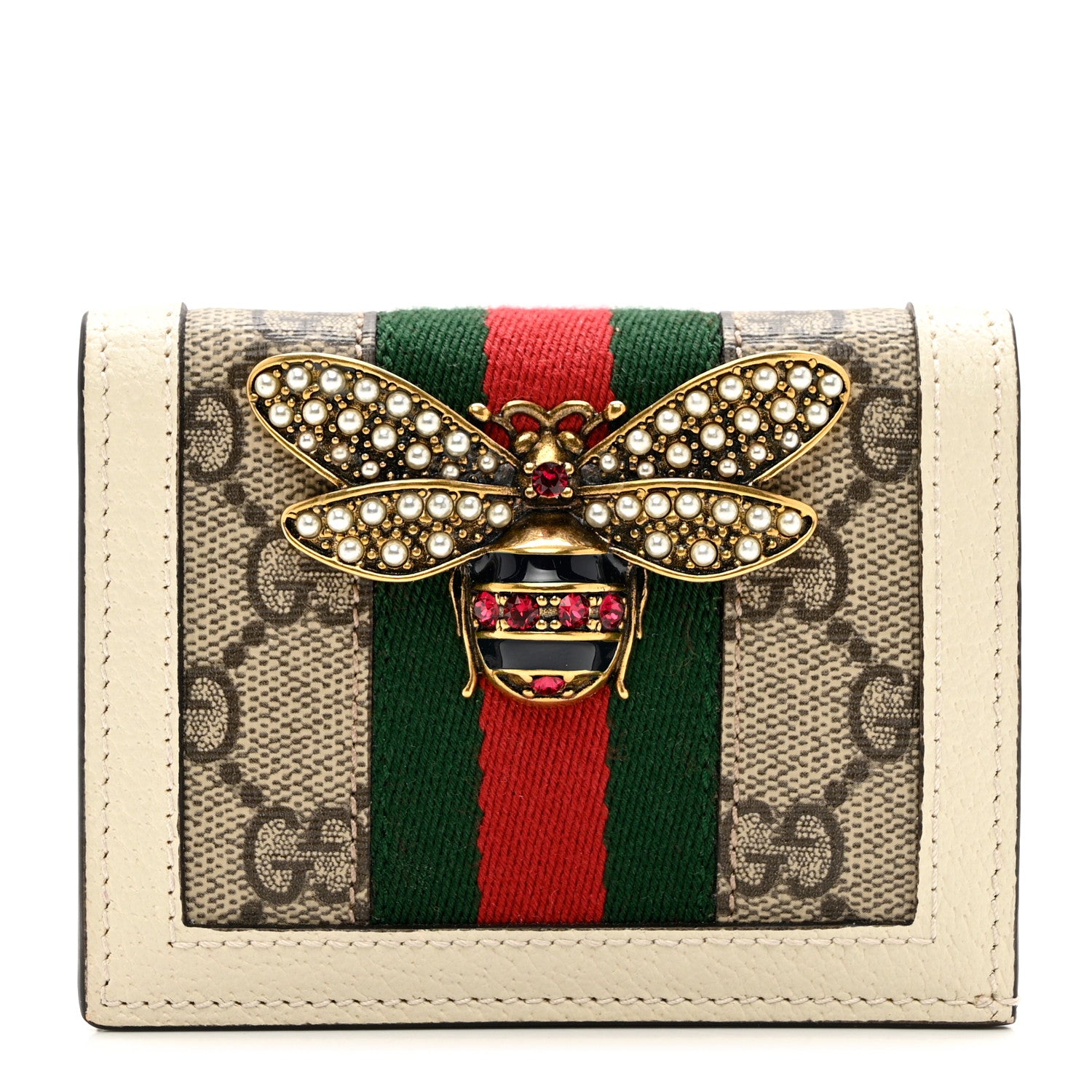 Gucci GG Supreme Monogram Web Queen Margaret Card Case Wallet Beige Mystic White 1 of 7