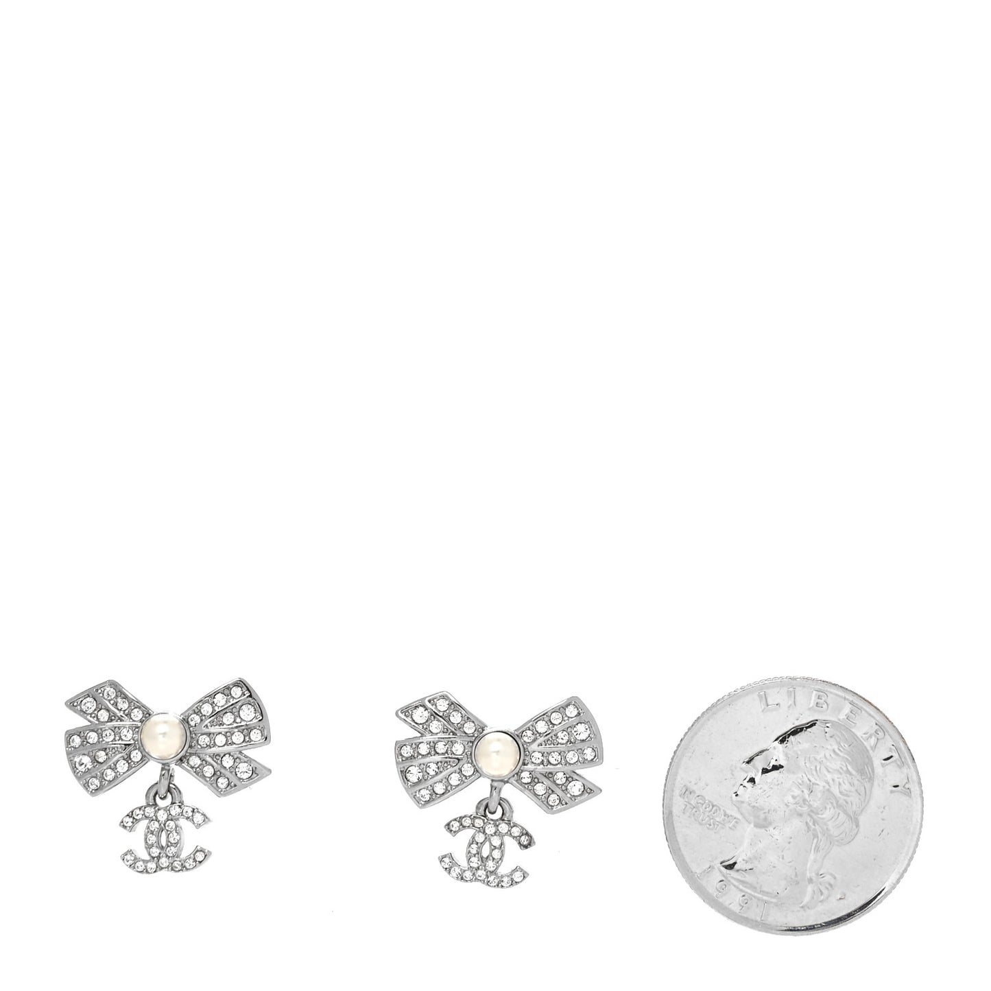 Crystal Pearl Bow CC Drop Earrings Silver