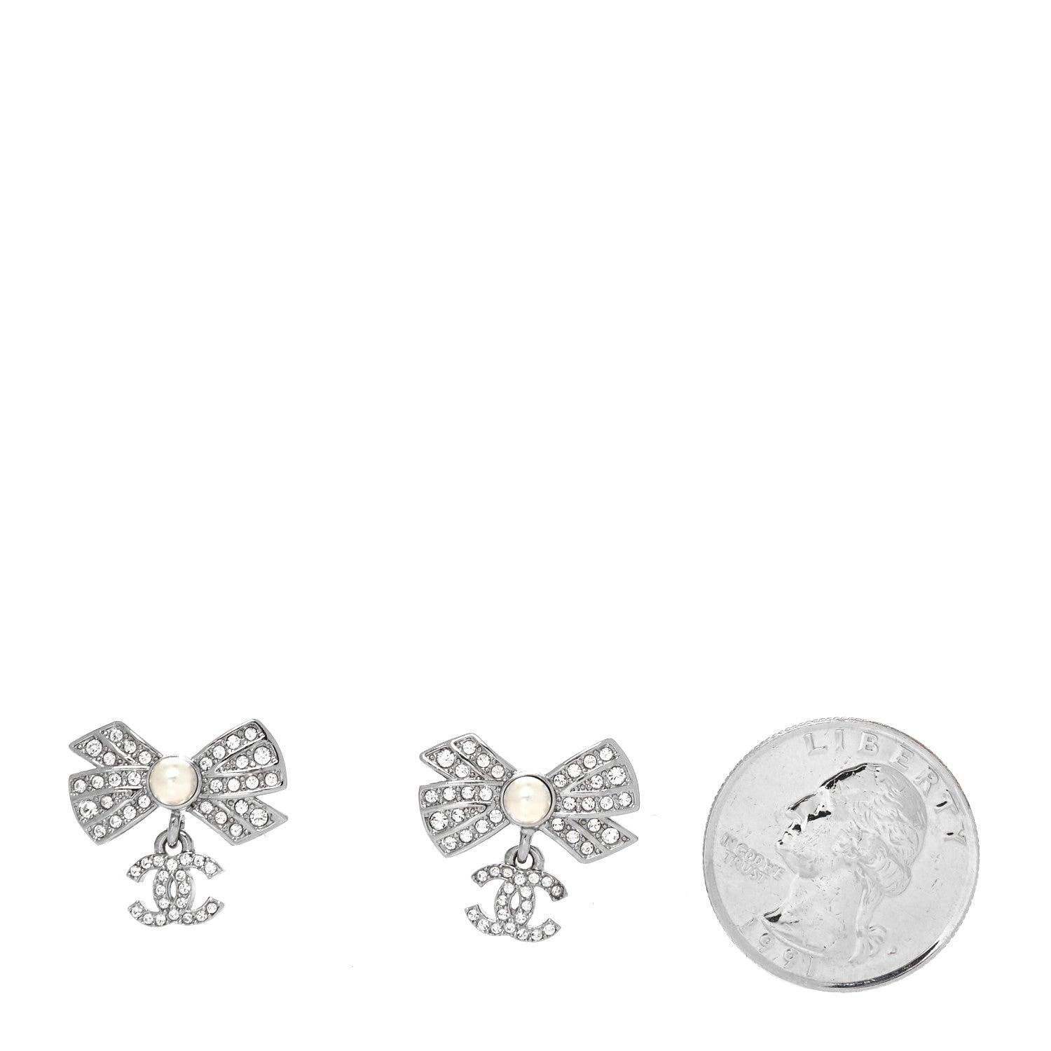 Chanel Crystal Pearl Bow CC Drop Earrings Silver 2 of 4