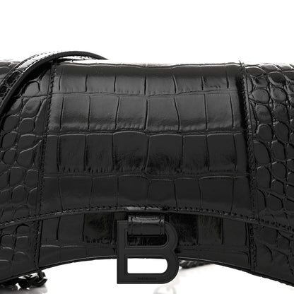 Balenciaga Shiny Calfskin Monochrome Crocodile Embossed Small Hourglass Evening Chain Bag Black 8 of 12