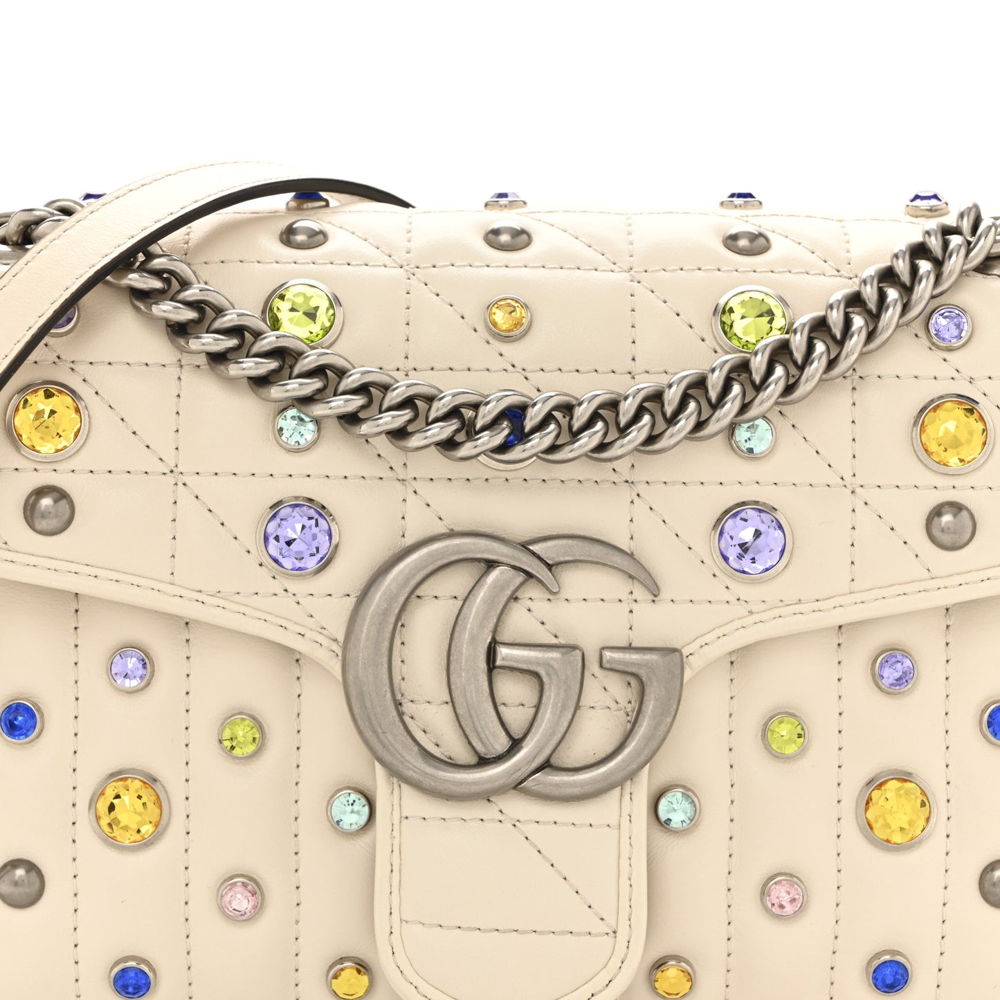 Calfskin Crystal Matelasse Aria Small GG Marmont Shoulder Bag Mystic White Multicolor
