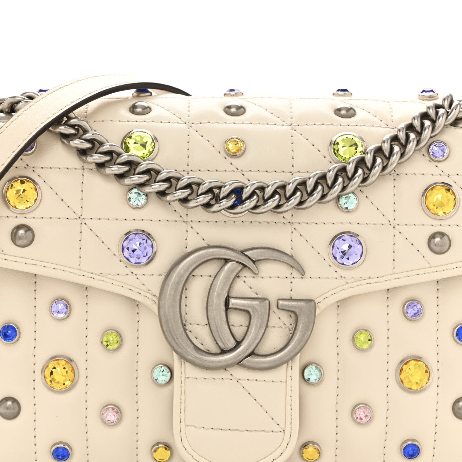 Gucci Calfskin Crystal Matelasse Aria Small GG Marmont Shoulder Bag Mystic White Multicolor 8 of 13