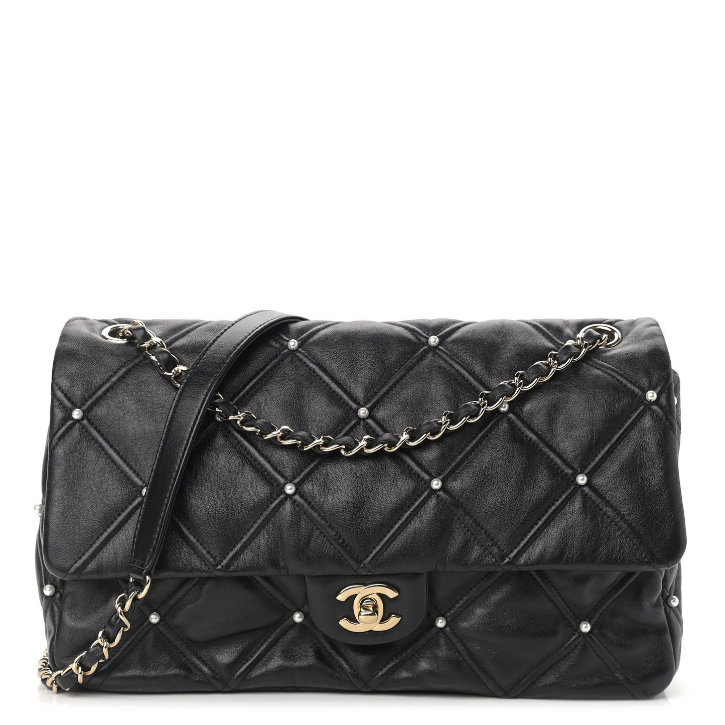 Lambskin Quilted Pearl Studded Flap Black