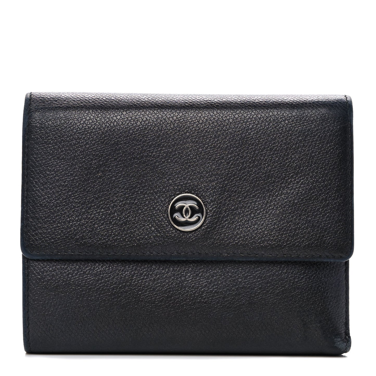 Grained Calfskin CC Button Flap Wallet Black