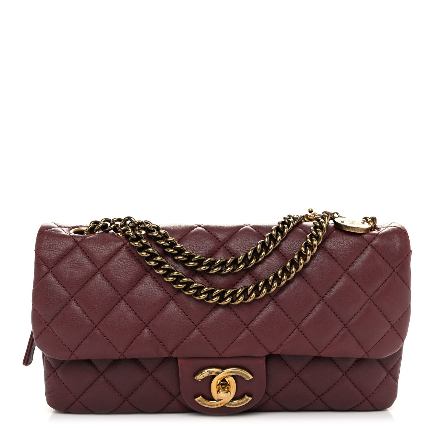 Calfskin Quilted Medium CC Crown Flap Burgundy