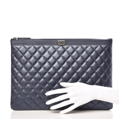 Chanel Metallic Caviar Quilted Large Boy Cosmetic Case Navy 2 of 7